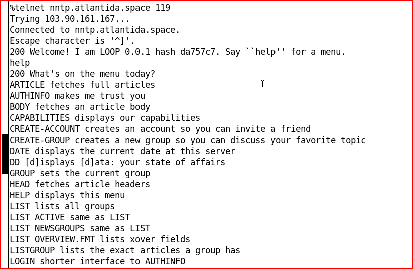 Terminal session interacting with
LOOP via telnet